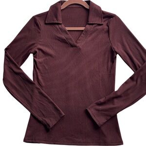Women's Ribbed Long Sleeve Top - Burgundy